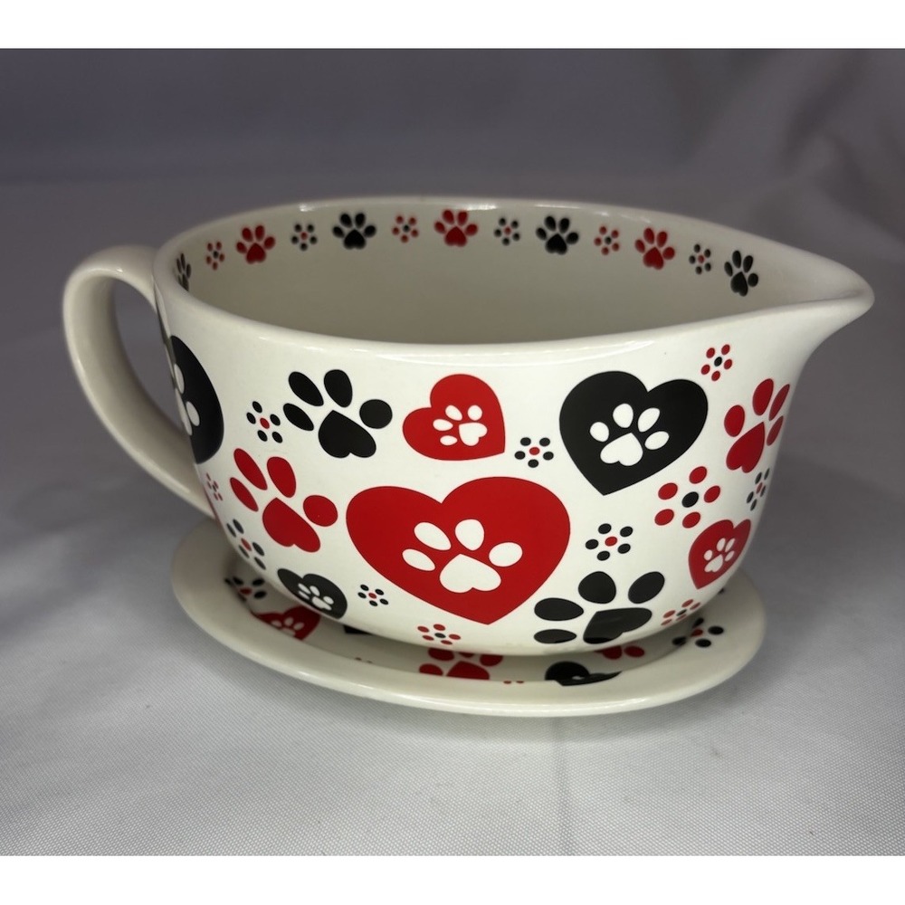 🐾Temptations Pawfetti Creamer/ Gravy Boat spout Dish Dog Cat Paw Prints Hearts